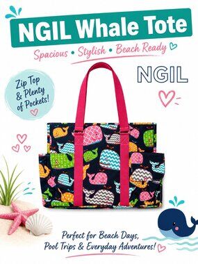 🐳 NGIL Whale Beach Tote Bag ⭐ 5 Star Rating NGIL ⭐ Zip Top w/ Multiple Pockets